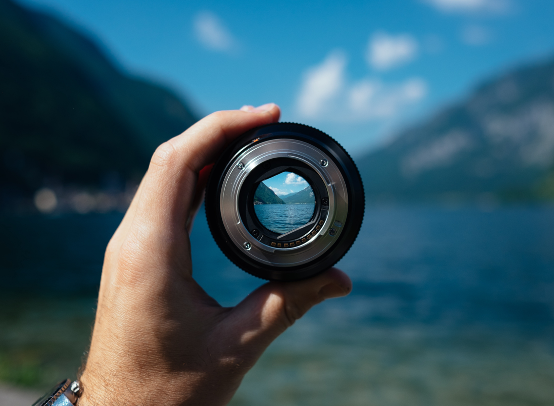 A hand holding the lens of a camera